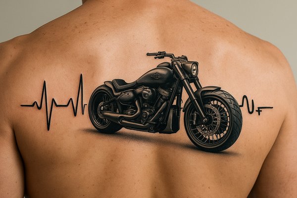 Tatuaż z motocyklem w sercu linii